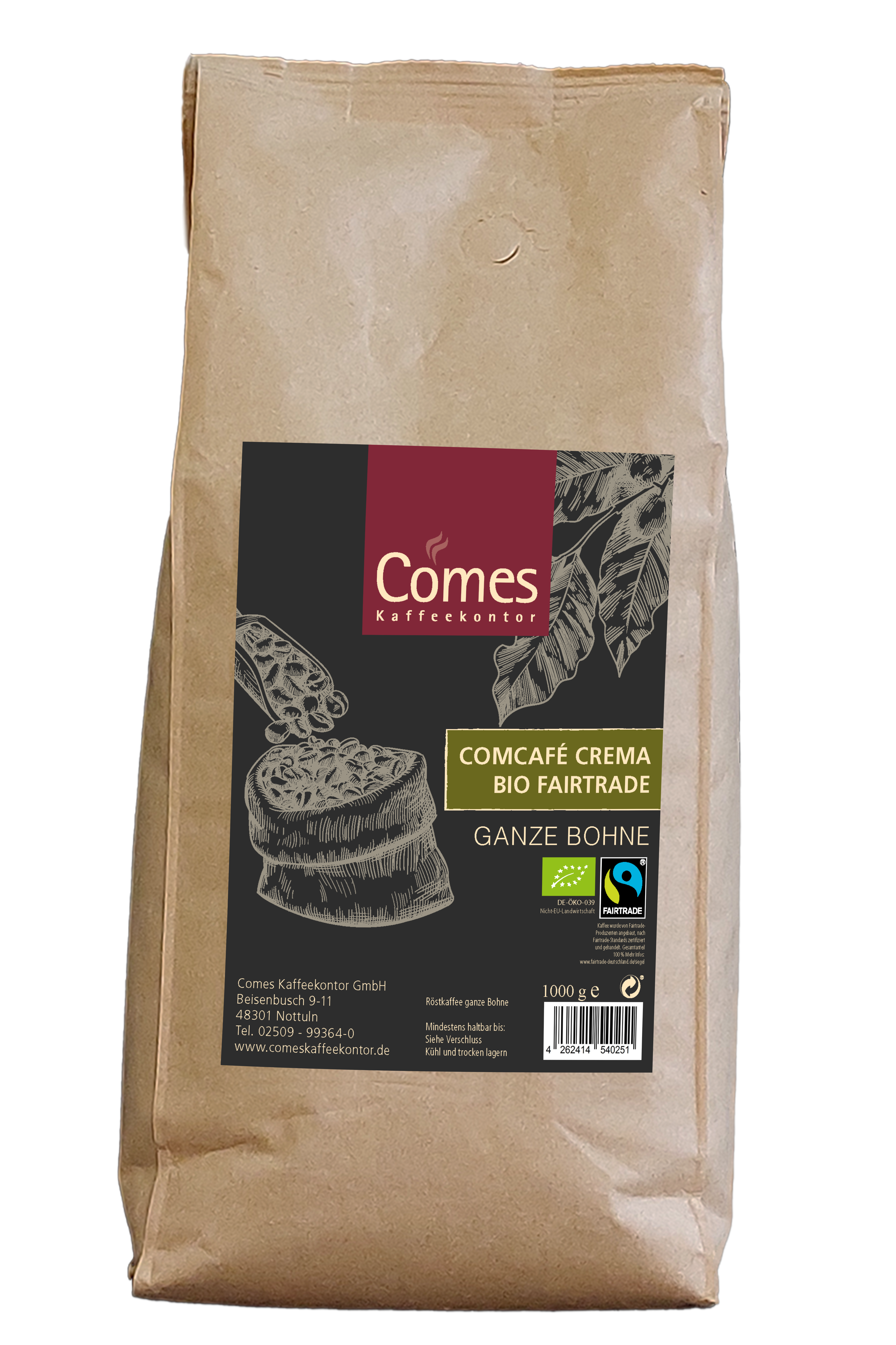 Comcafé BIO FAIRTRADE Crema Kaffee Ganze Bohne Comes Kaffeekontor