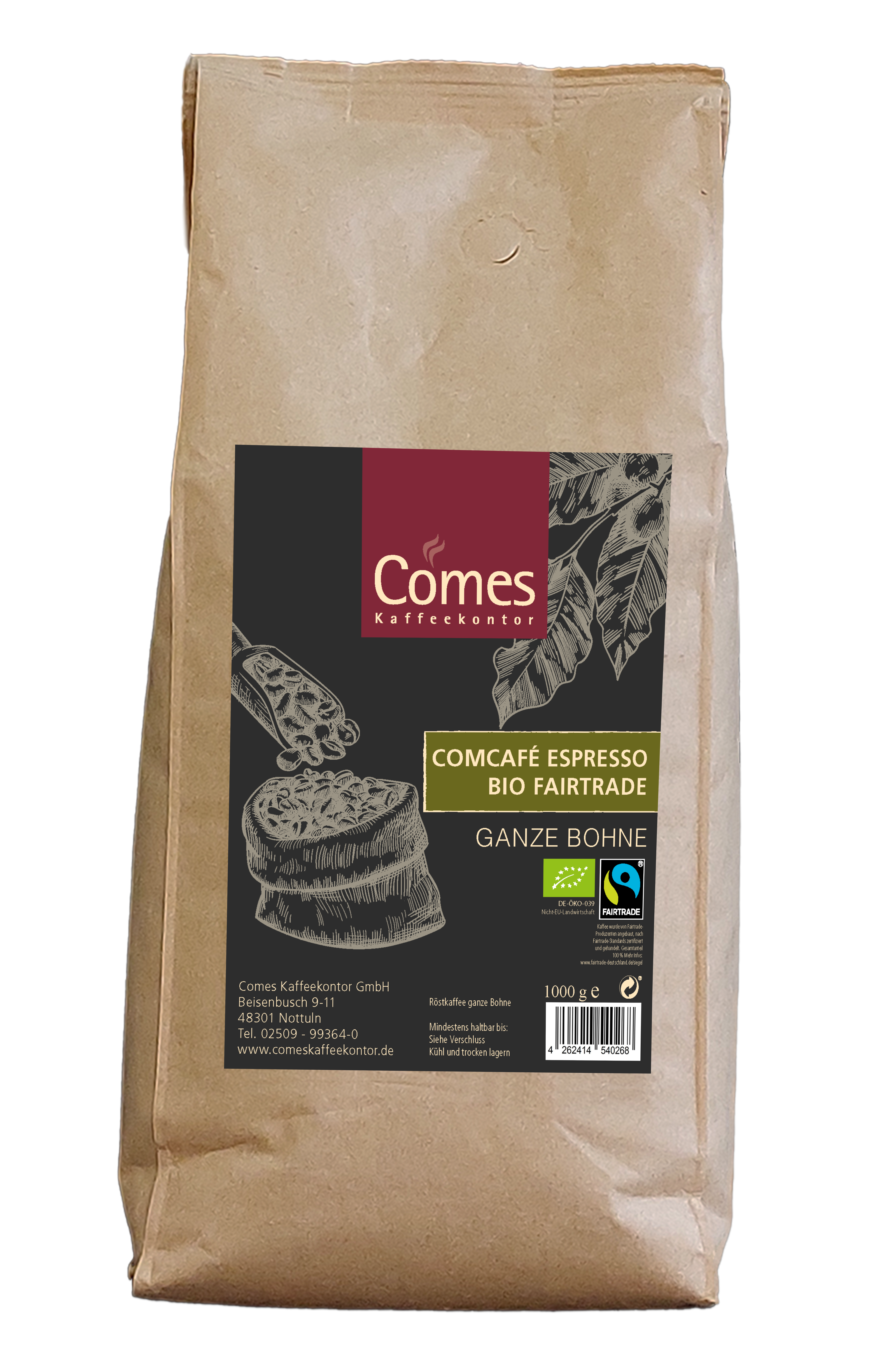 Comcafé BIO FAIRTRADE Espresso Ganze Bohne Comes Kaffeekontor